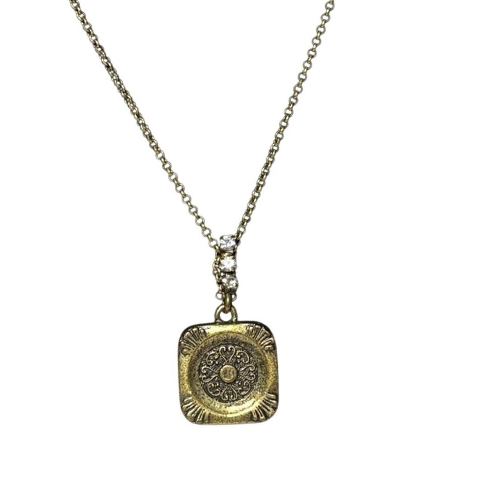 Fossil Gold Tone Square Medallion Pendant Necklace 16” Lock Key Rhinestone Bail